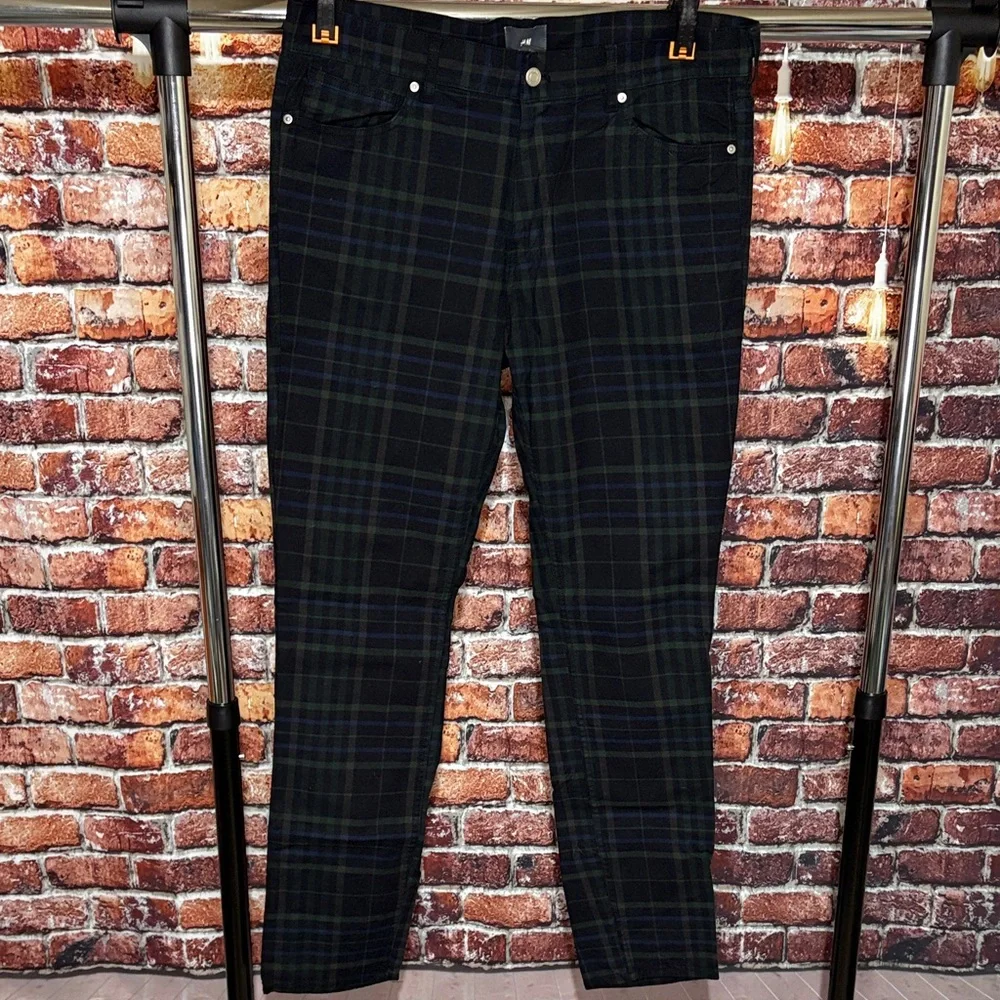 H&M green black watch plaid Trousers pants 34 skinny fit punk goth business - Picture 2 of 6